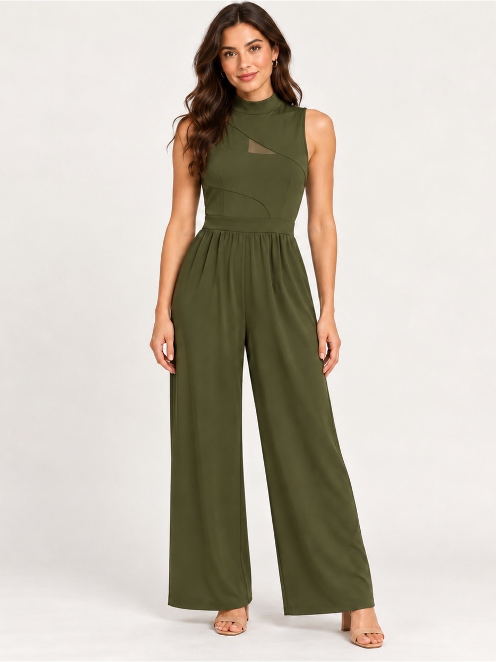 CIDER Womens L Olive Green Mock Neck Wide Leg Sleeveless Jumpsuit NWT